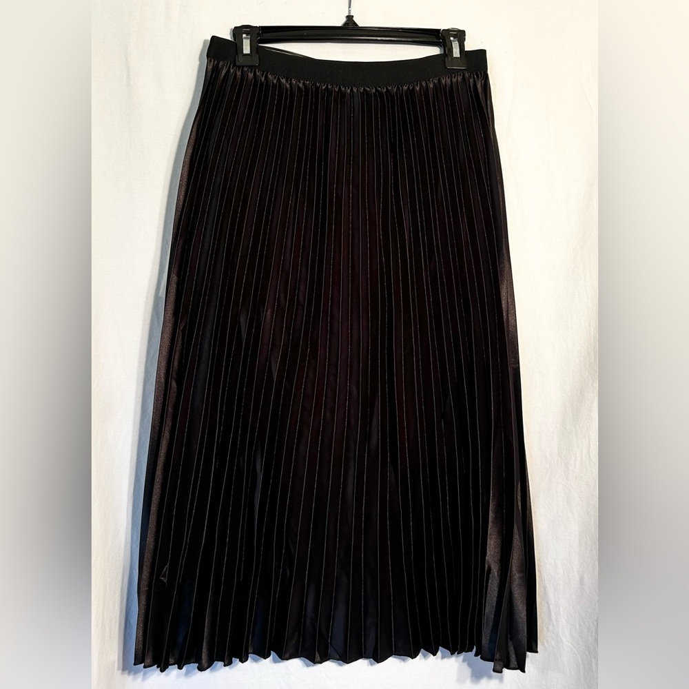 WOMENS NEW LARGE WAIST 28+ SHINY BLACK PLEATED SHEIN ELASTIC WAIST MAXI SKIRT